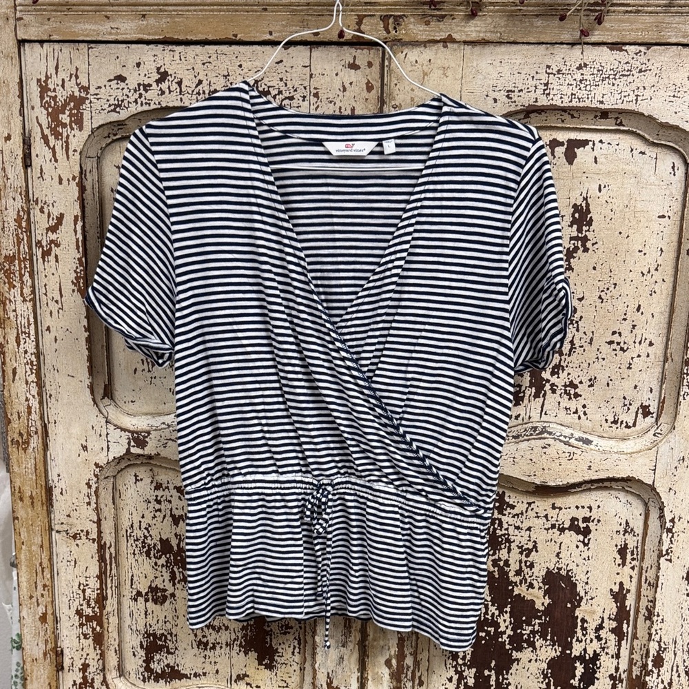 L Vineyard Vines Navy and White Striped Wrap Blouse